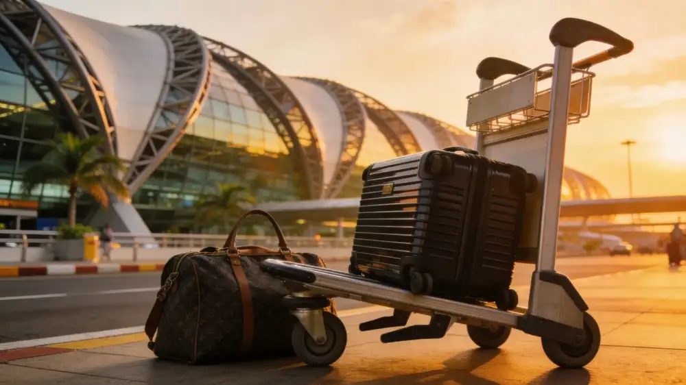 Airport exterior at sunset