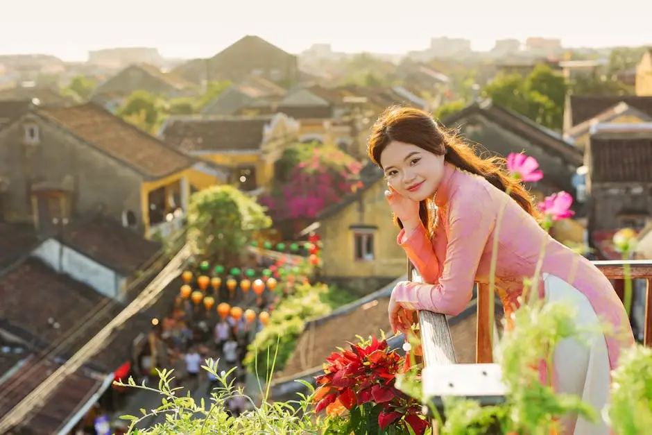 A Woman In An Ao Dai Gazes Over The Vibrant Streets Of Hoi An Vietnam