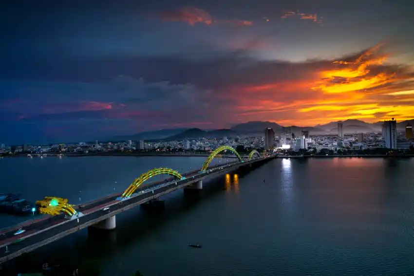 danang cityscape fiery sunset skyline