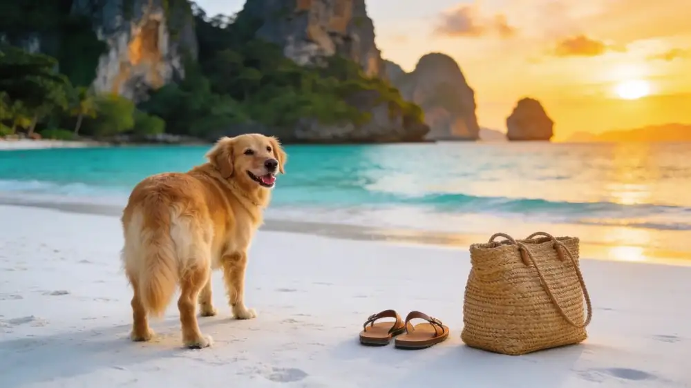 golden retriever standing happily on a pristine white sand beach
