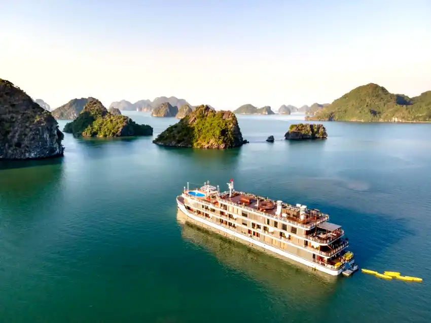 ha long bay luxury cruise ship aerial view