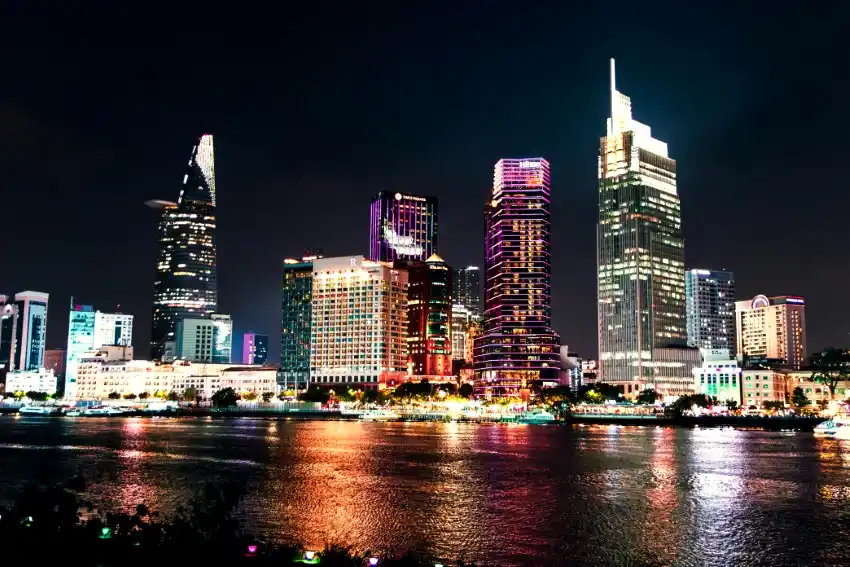 ho chi minh city skyline magenta lights night