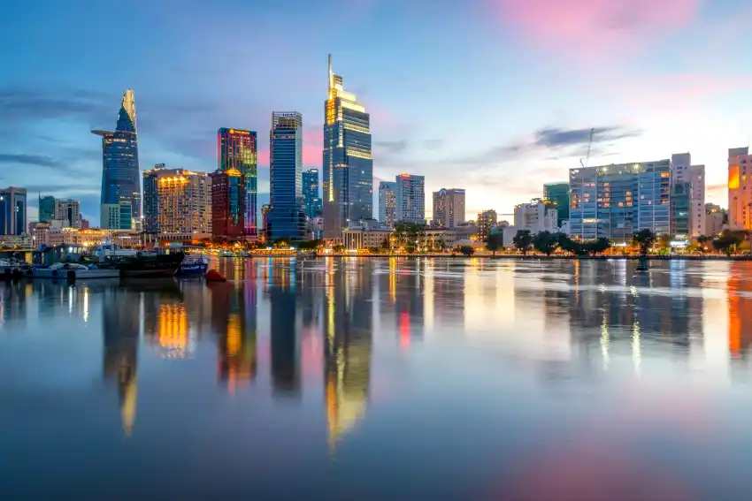 ho chi minh city skyline river reflection