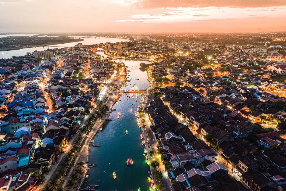Stunning Aerial View Of H I An Vietnam At Sunset City Lights Illuminat