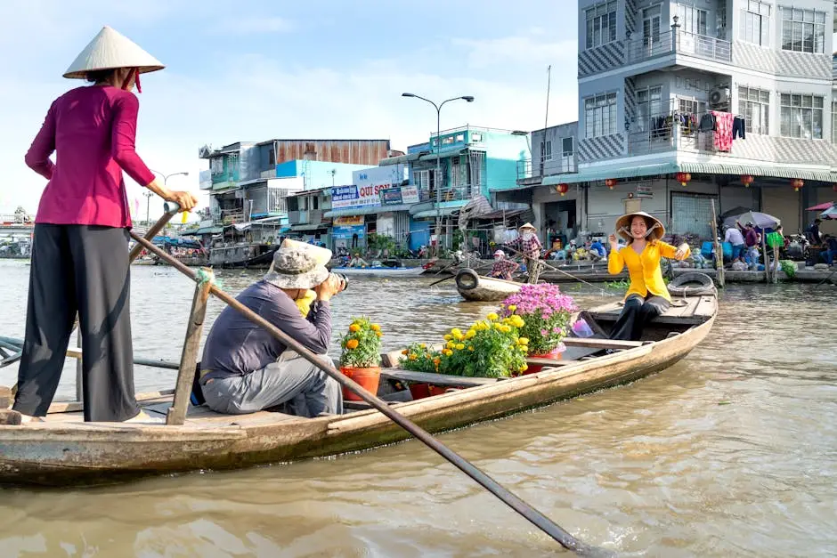 traditional vietnamese boat on a bustling river market
