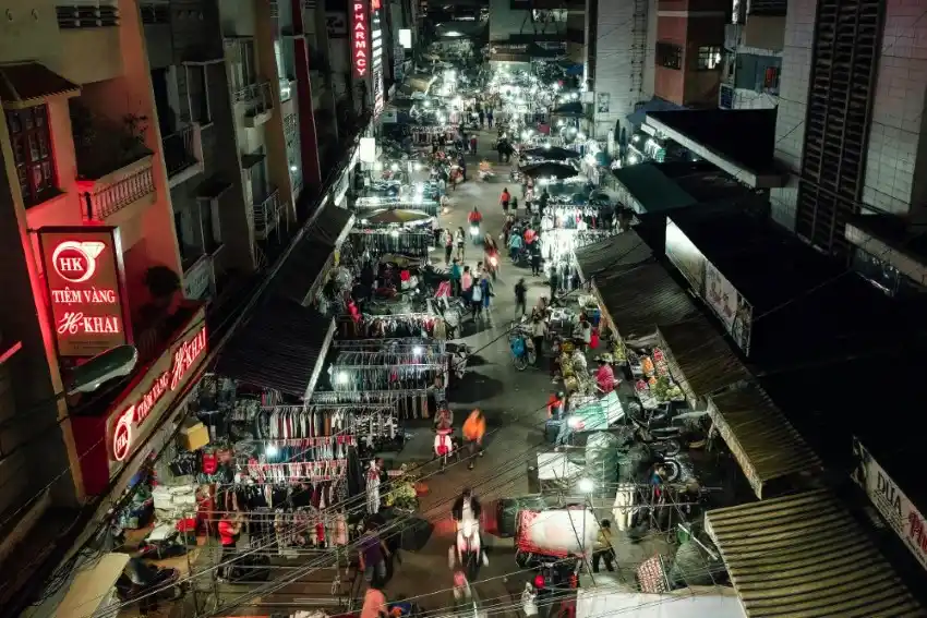 vietnam night market street stalls aerial