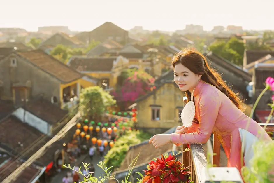 Woman In Traditional Vietnamese Dress Enjoying The View Over H I An Fr