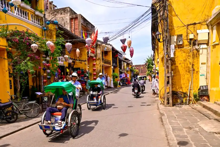 yellow buildings silk lanterns hoian